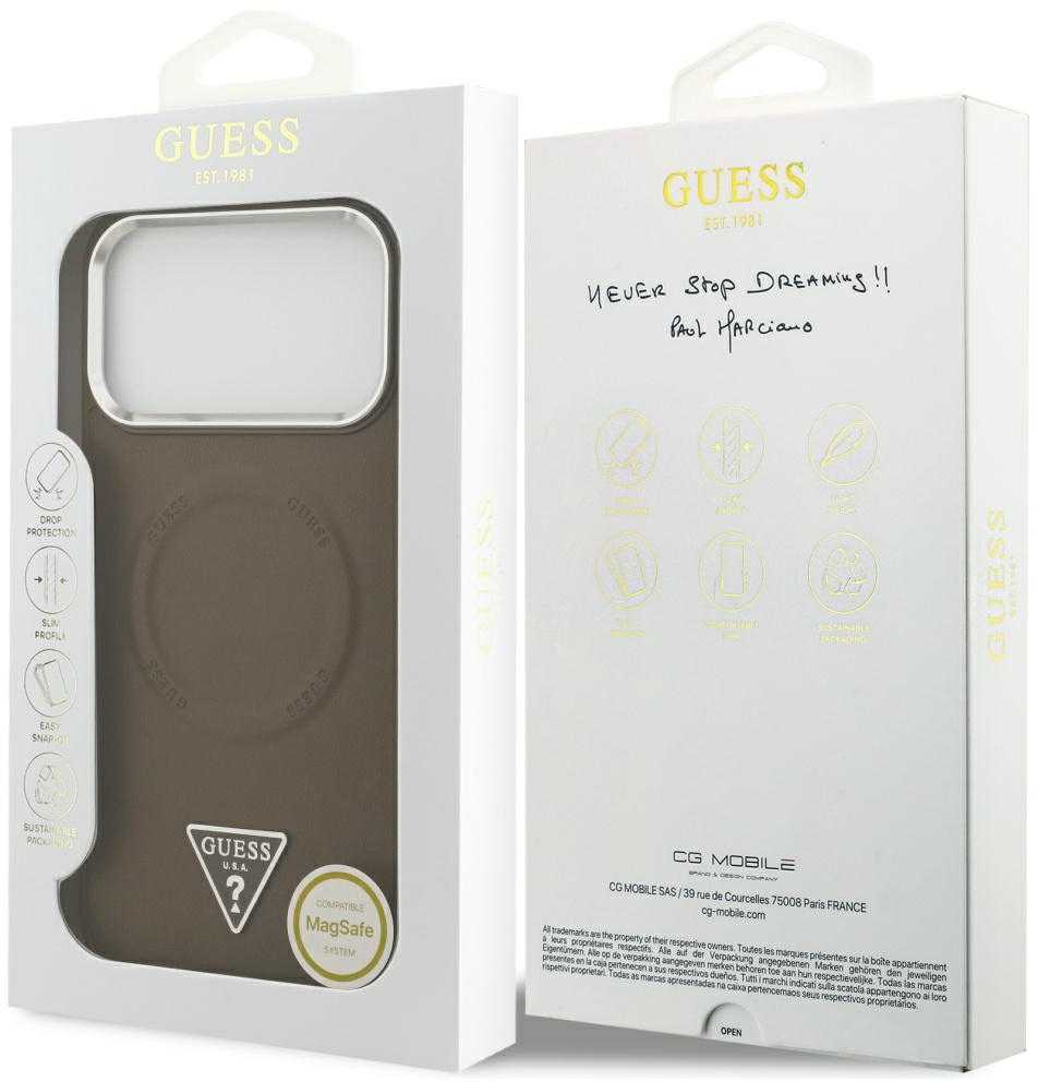 GUESS dėklas, skirtas IPHONE 17 Pro, suderinamas su MagSafe GUHMP17LPSDTSCMW (PU su trikampio logotipu), rudas