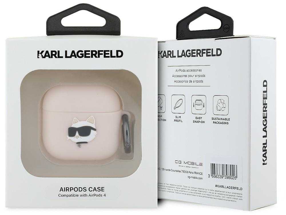 Dėklas Karl Lagerfeld KLA4RUNCHP AirPods 4 cover rožinės spalvos silikoninis Choupette Head 3D