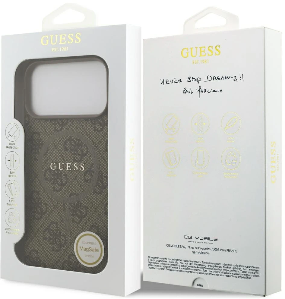 GUESS dėklas, skirtas IPHONE 17 Pro Max, suderinamas su MagSafe GUHMP17XG4GFRW (PU 4G Ring Classic Logo) rudas
