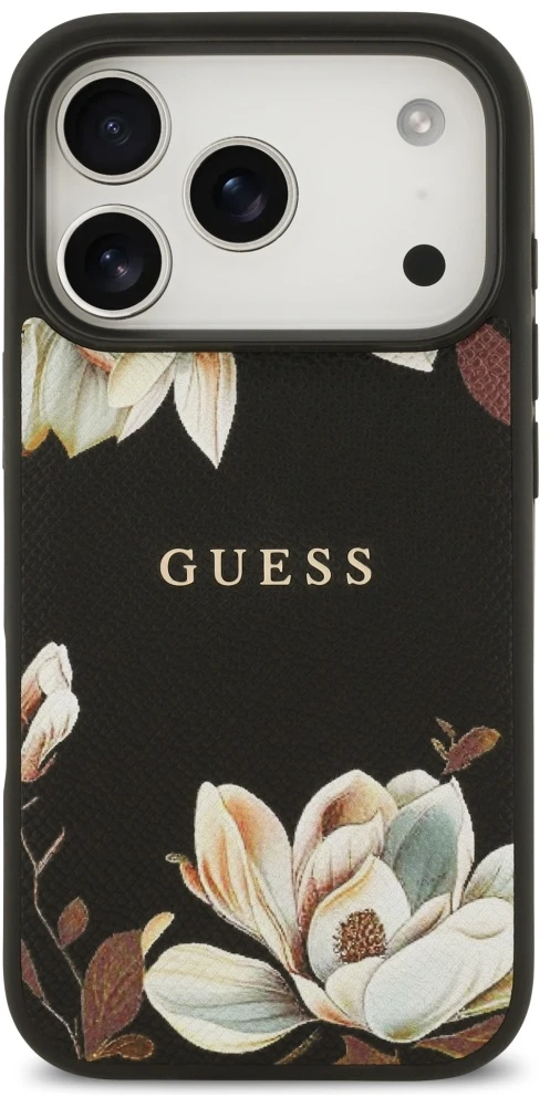 Guess Grained Flowers Classic Logo MagSafe dėklas skirtas Apple iPhone 17 Pro juodos spalvos