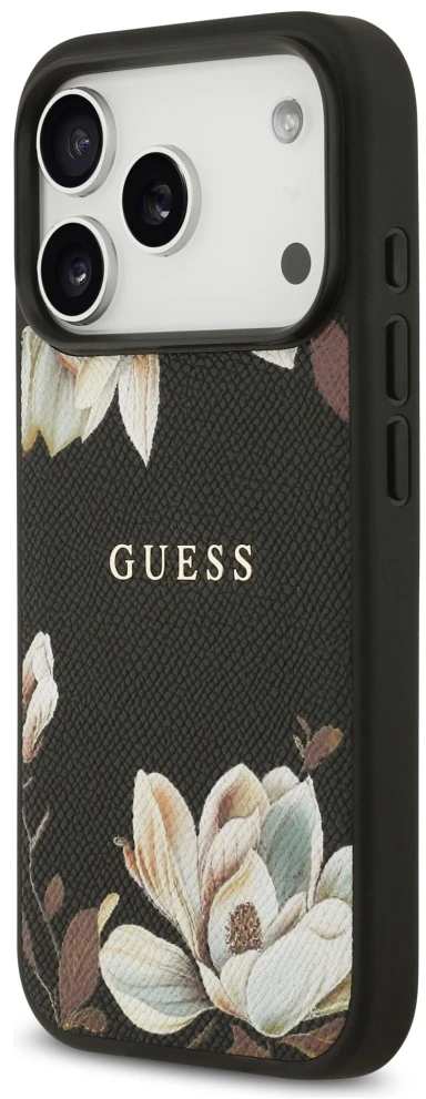 Guess Grained Flowers Classic Logo MagSafe dėklas skirtas Apple iPhone 17 Pro juodos spalvos