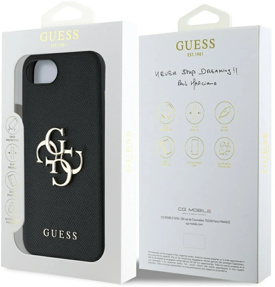 GUESS dėklas skirtas Apple iPhone 16e (SE 4 2025) GUHCPSE4PGT4MBK (PU Grained Big 4G and Classic) juodos spalvos
