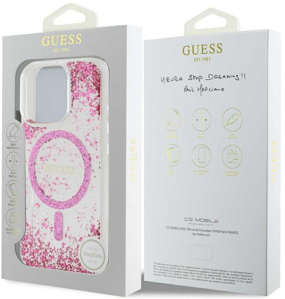 Dėklas GUESS HC Resin Bottom Glitter Magsafe skirtas Apple iPhone 16 Pro rožinės spalvos