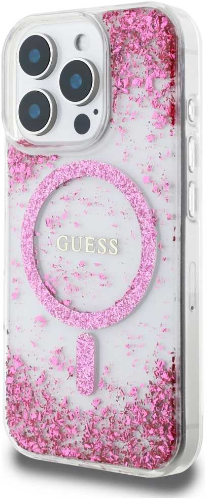 Dėklas GUESS HC Resin Bottom Glitter Magsafe skirtas Apple iPhone 16 Pro rožinės spalvos
