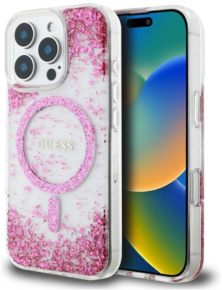 Dėklas GUESS HC Resin Bottom Glitter Magsafe skirtas Apple iPhone 16 Pro rožinės spalvos