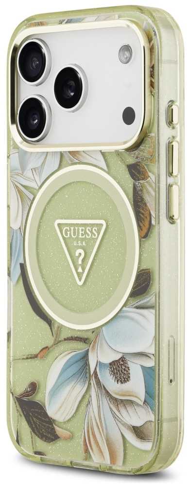 Dėklas Guess IML Glitter Flowers Triangle MagSafe skirtas Apple iPhone 17 Pro Max žalios spalvos