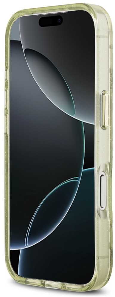 Dėklas Guess IML Glitter Flowers Triangle MagSafe skirtas Apple iPhone 17 Pro Max žalios spalvos