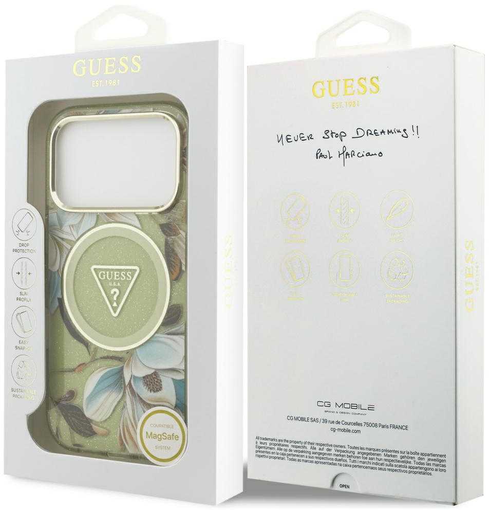Dėklas Guess IML Glitter Flowers Triangle MagSafe skirtas Apple iPhone 17 Pro Max žalios spalvos