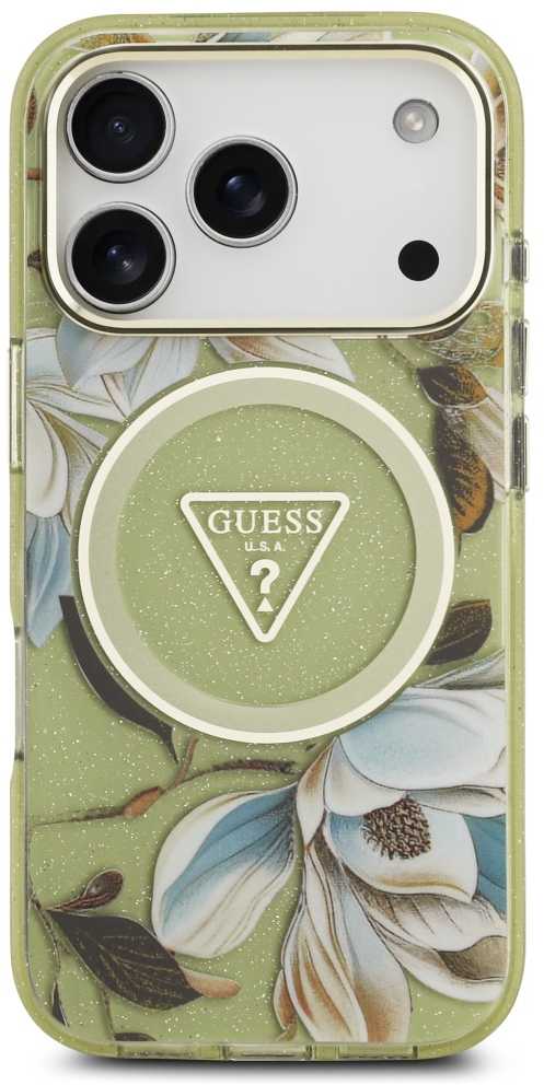 Dėklas Guess IML Glitter Flowers Triangle MagSafe skirtas Apple iPhone 17 Pro Max žalios spalvos