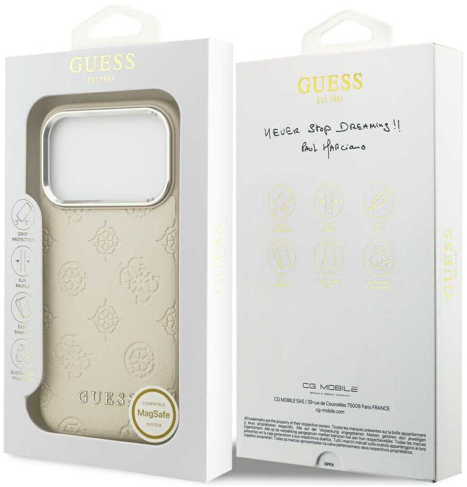 Guess Peony Hot Stamp Script MagSafe dėklas skirtas Apple iPhone 17 Pro rusvai gelsvas