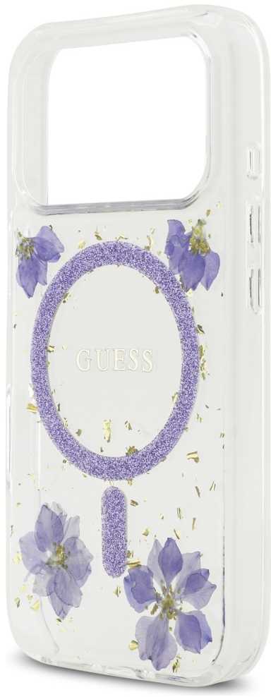 GUESS dėklas IPHONE 17 Pro, suderinamas su MagSafe GUHMP17LRBFGFGMU (dervos gėlės ir blizgučiai), violetinė