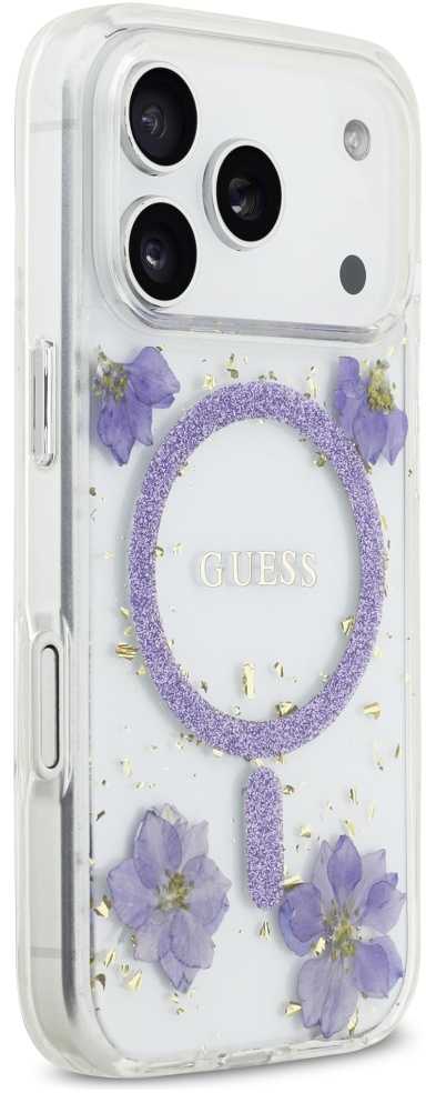 GUESS dėklas IPHONE 17 Pro, suderinamas su MagSafe GUHMP17LRBFGFGMU (dervos gėlės ir blizgučiai), violetinė