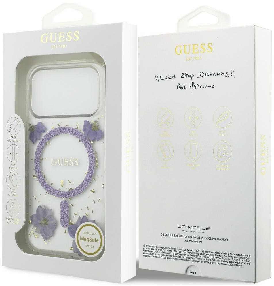 GUESS dėklas IPHONE 17 Pro, suderinamas su MagSafe GUHMP17LRBFGFGMU (dervos gėlės ir blizgučiai), violetinė