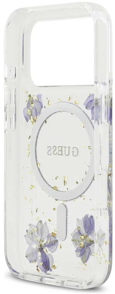 GUESS dėklas IPHONE 17 Pro, suderinamas su MagSafe GUHMP17LRBFGFGMU (dervos gėlės ir blizgučiai), violetinė