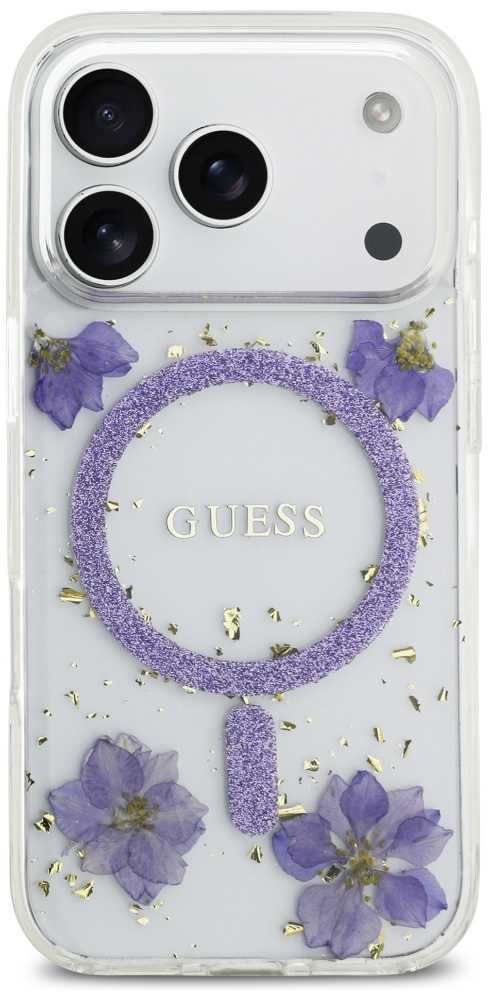 GUESS dėklas IPHONE 17 Pro, suderinamas su MagSafe GUHMP17LRBFGFGMU (dervos gėlės ir blizgučiai), violetinė
