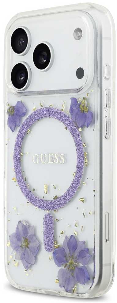 GUESS dėklas IPHONE 17 Pro, suderinamas su MagSafe GUHMP17LRBFGFGMU (dervos gėlės ir blizgučiai), violetinė