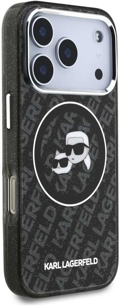 Karl Lagerfeld IML Glitter Karl & Choupette Heads Logo MagSafe - dėklas skirtas Apple iPhone 17 Pro juodas