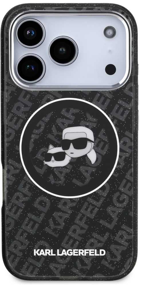 Karl Lagerfeld IML Glitter Karl & Choupette Heads Logo MagSafe - dėklas skirtas Apple iPhone 17 Pro juodas