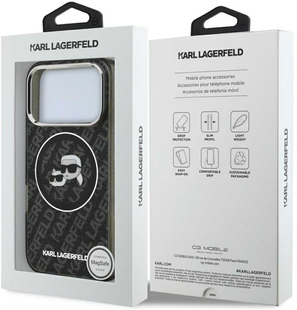 Karl Lagerfeld IML Glitter Karl & Choupette Heads Logo MagSafe - dėklas skirtas Apple iPhone 17 Pro juodas