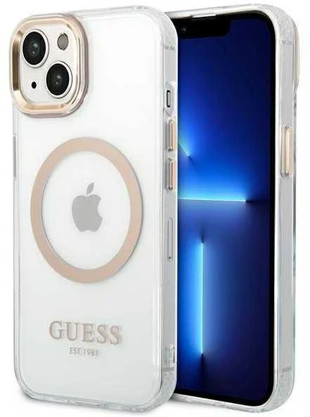 Guess GUHMP14XHTRMD Apple iPhone 14 Pro Max 6,7″ auksinis kietas dėklas Metal Outline Magsafe