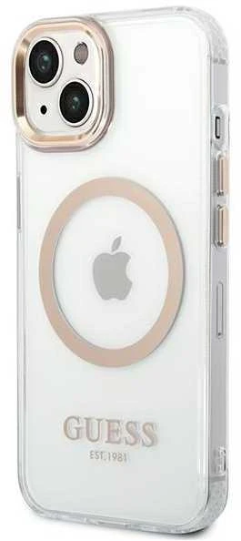 Guess GUHMP14XHTRMD Apple iPhone 14 Pro Max 6,7″ auksinis kietas dėklas Metal Outline Magsafe