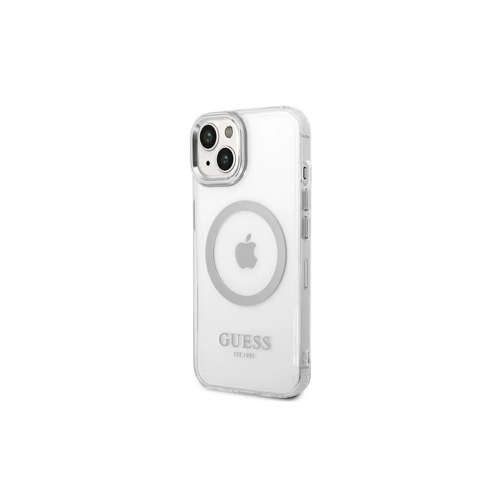 Guess GUHMP14XHTRMS Apple iPhone 14 Pro Max 6,7″ sidabrinis kietas dėklas Metal Outline Magsafe