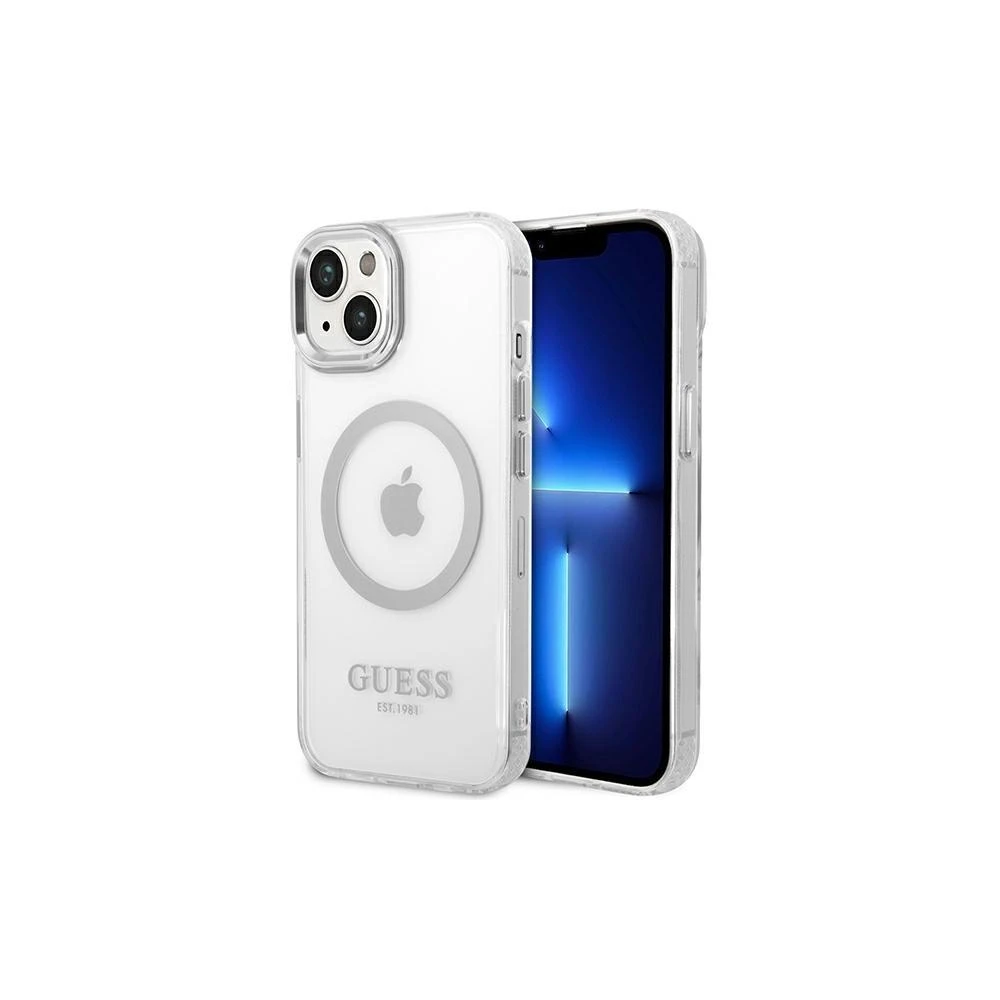 Guess GUHMP14XHTRMS Apple iPhone 14 Pro Max 6,7″ sidabrinis kietas dėklas Metal Outline Magsafe