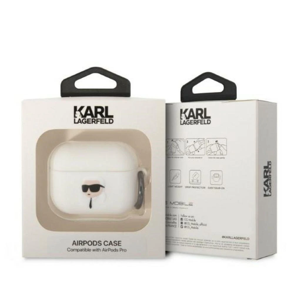 Karl Lagerfeld KLAPRUNIKH AirPods Prodėklas baltos spalvos Silicone Karl Head 3D