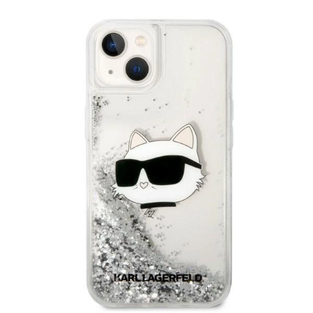 Karl Lagerfeld KLHCP14LLNCHCS iPhone 14 Pro 6,1″ sidabrinis kietas dėklas Glitter Choupette Head