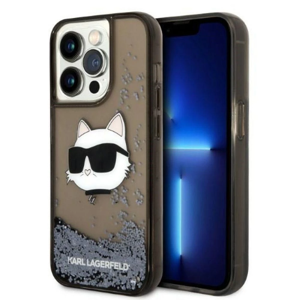 Karl Lagerfeld dėklas, skirtas iPhone 14 Pro 6,1 KLHCP14LLNCHCK juodas kietas dėklas, skirtas Liquid Glitter NFT Choupette Head