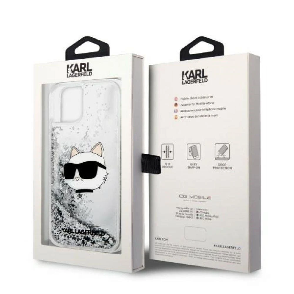 Karl Lagerfeld KLHCP14LLNCHCS iPhone 14 Pro 6,1″ sidabrinis kietas dėklas Glitter Choupette Head