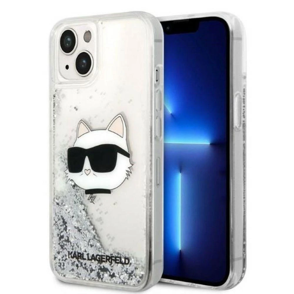 Karl Lagerfeld KLHCP14LLNCHCS iPhone 14 Pro 6,1″ sidabrinis kietas dėklas Glitter Choupette Head