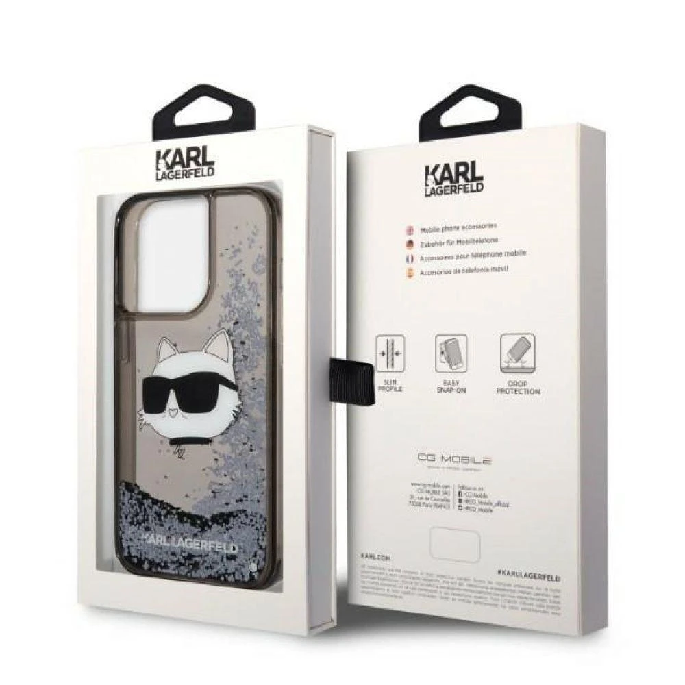 Karl Lagerfeld dėklas, skirtas iPhone 14 Pro 6,1 KLHCP14LLNCHCK juodas kietas dėklas, skirtas Liquid Glitter NFT Choupette Head