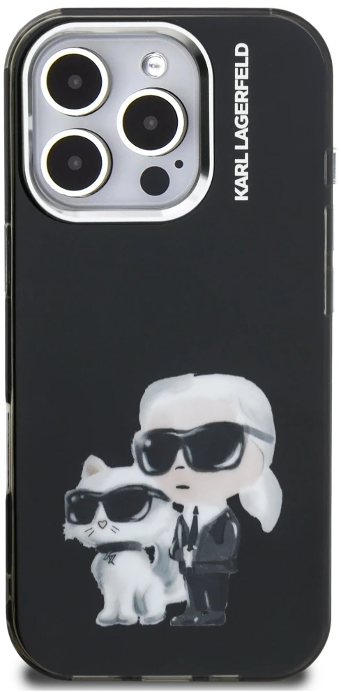 Karl Lagerfeld IML Aquarelle Karl and Choupette dėklas iPhone 16 Pro juodos spalvos