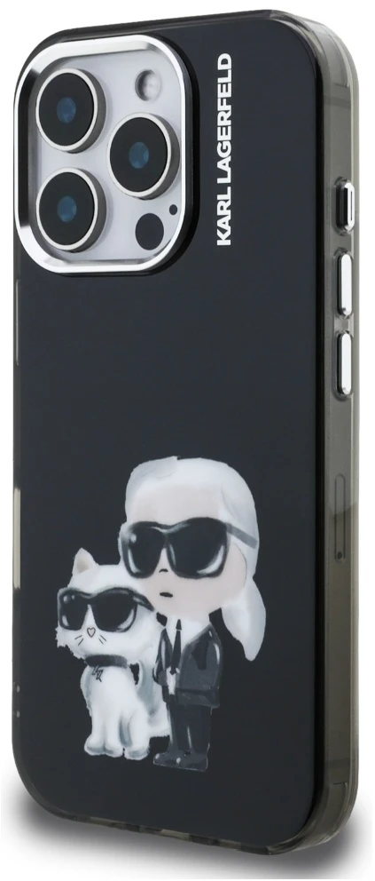 Karl Lagerfeld IML Aquarelle Karl and Choupette dėklas iPhone 16 Pro juodos spalvos
