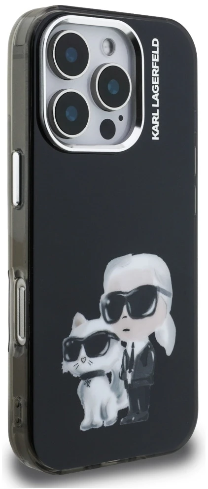 Karl Lagerfeld IML Aquarelle Karl and Choupette dėklas iPhone 16 Pro juodos spalvos