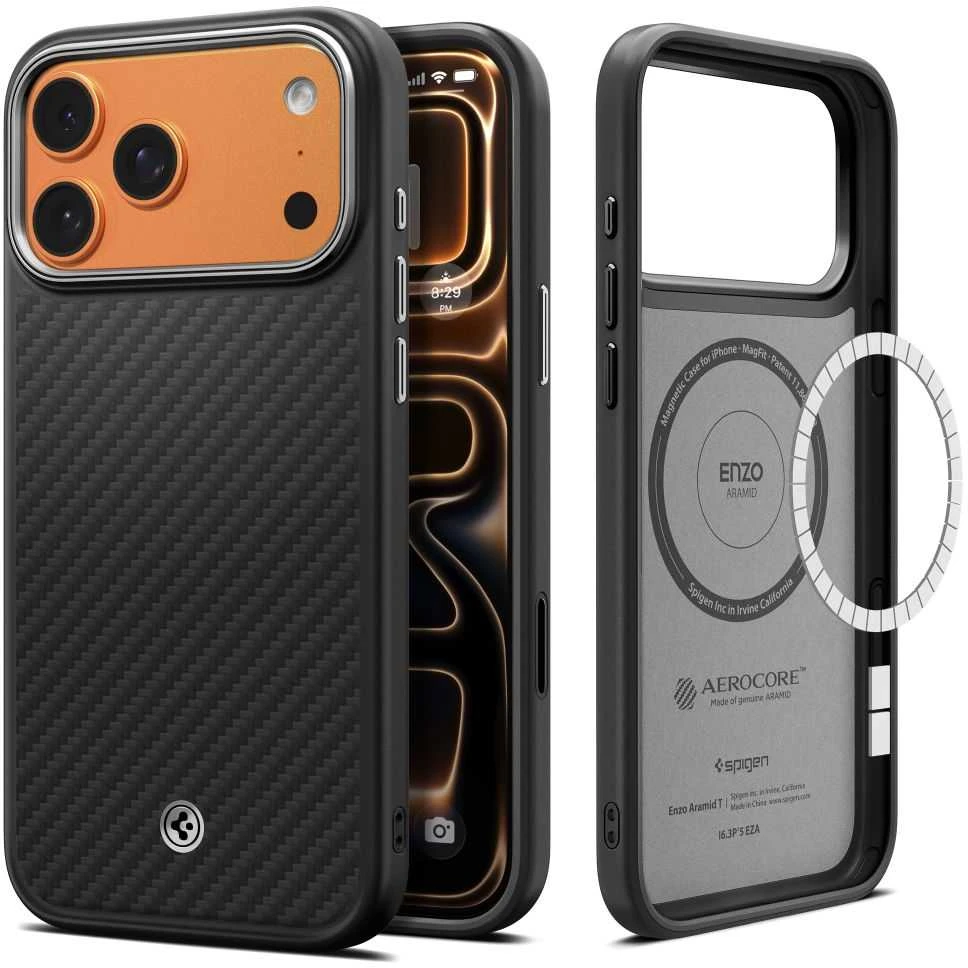 Spigen Enzo Aramid "T" MagSafe dėklas skirtas Apple iPhone 17 Pro – juodos spalvos ir sidabrinės spalvos