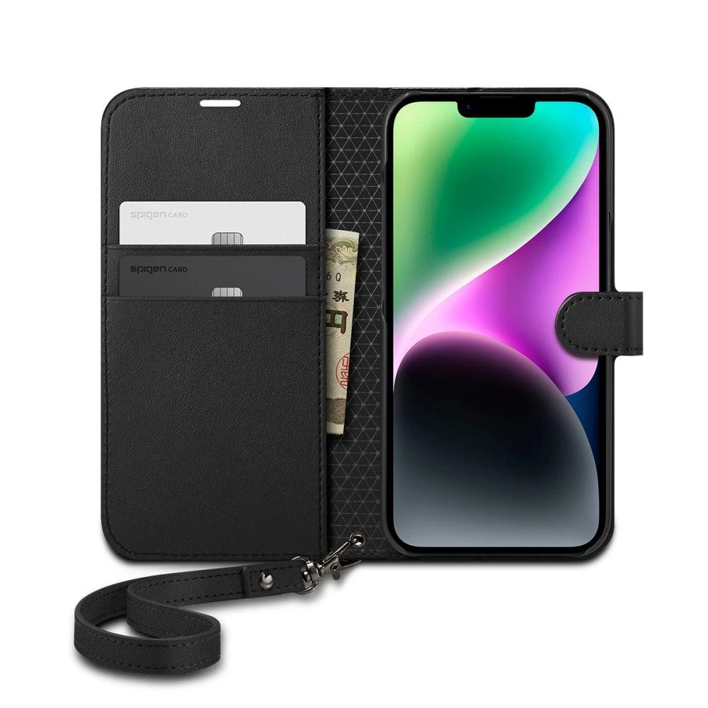 Dėklas Spigen Wallet S, juodos spalvos – iPhone 14