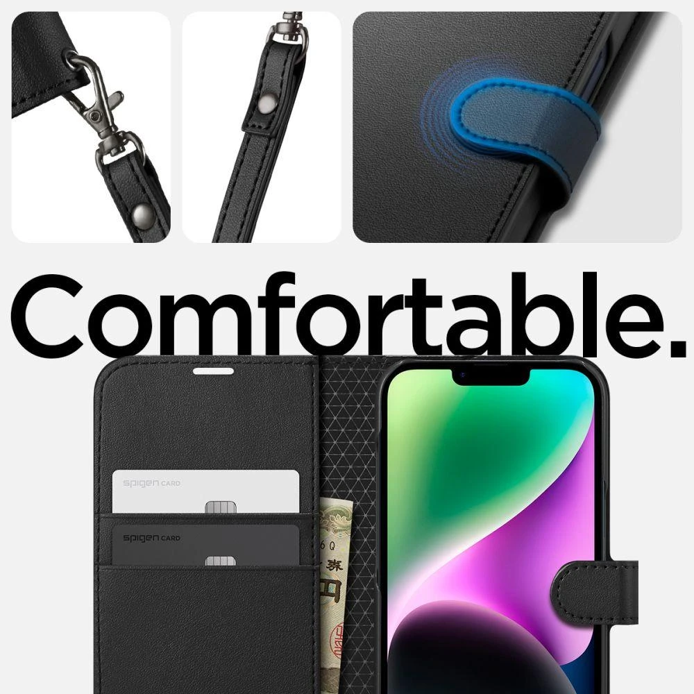 Dėklas Spigen Wallet S, juodos spalvos – iPhone 14