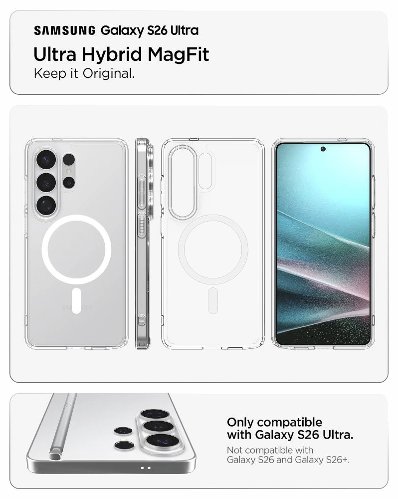 Spigen Ultra Hybrid Mag MagSafe dėklas skirtas Samsung Galaxy S26 Ultra – Clear and Baltas