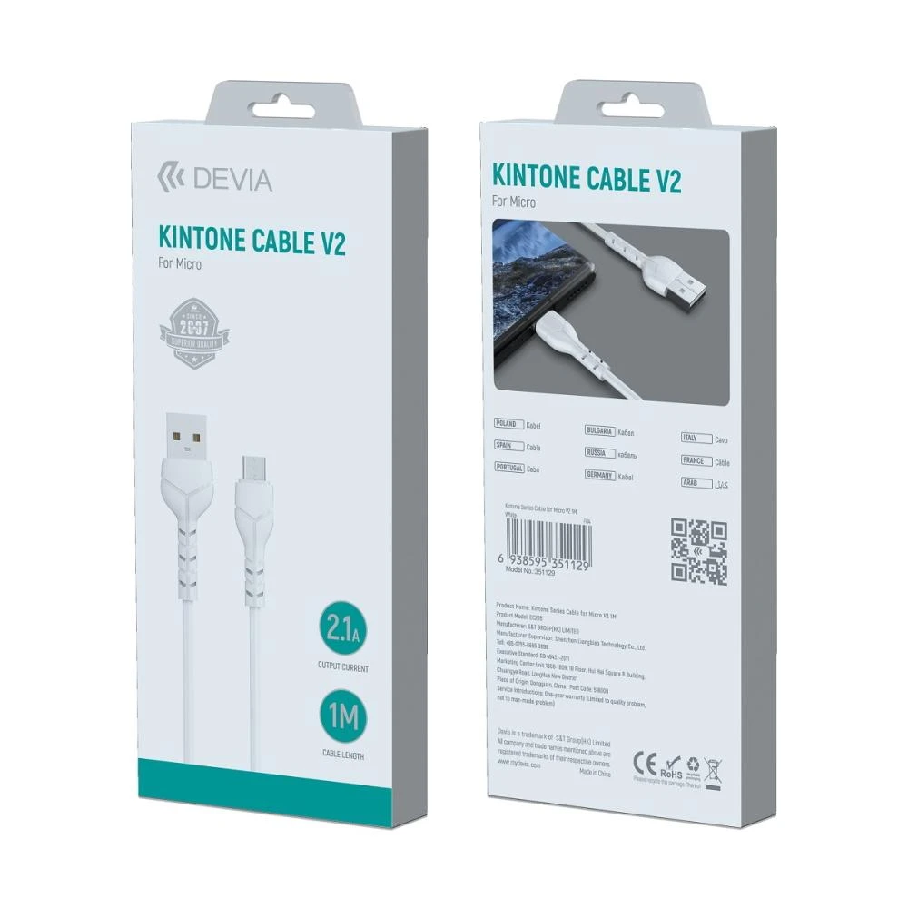 USB kabelis Devia Kintone microUSB 1.0m baltas 5V 2.1A