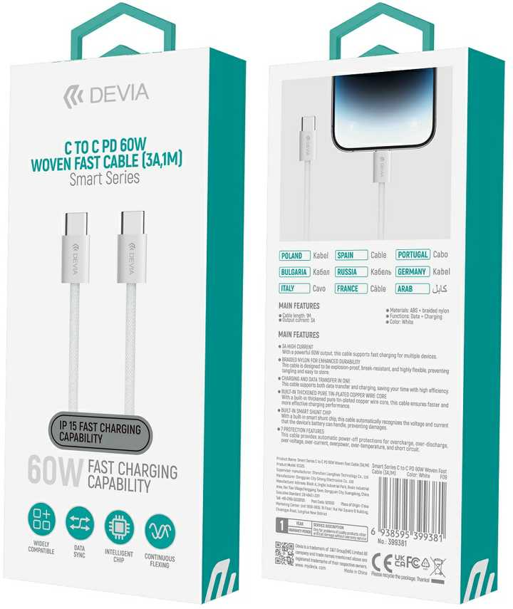 Devia kabelis Smart EC325 PD USB-C - USB-C 1,0 m 60W 3A mėlynos spalvos