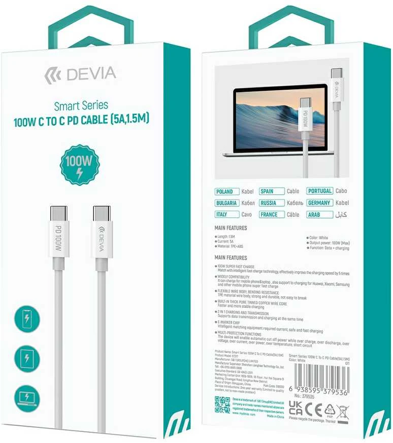 Devia laidas Smart EC317 PD USB-C – USB-C 1,5 m 100W 5A juodas