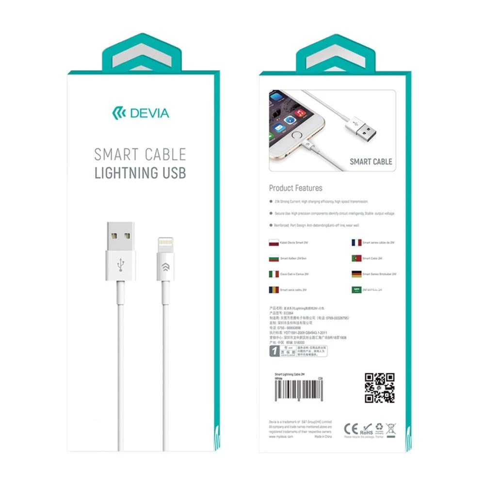 Devia laidas Smart EC080 USB – Lightning 1,0 m 2,1A baltas