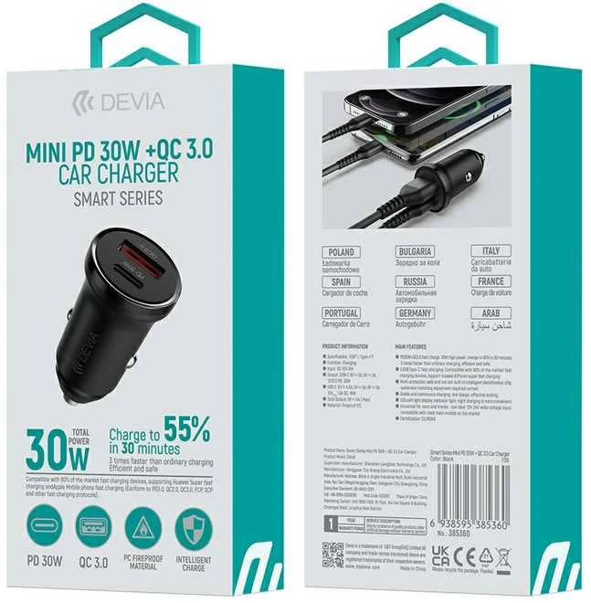 Devia automobilinis įkroviklis Smart Mini PD QC 3.0 30W 1x USB 1x USB-C baltas