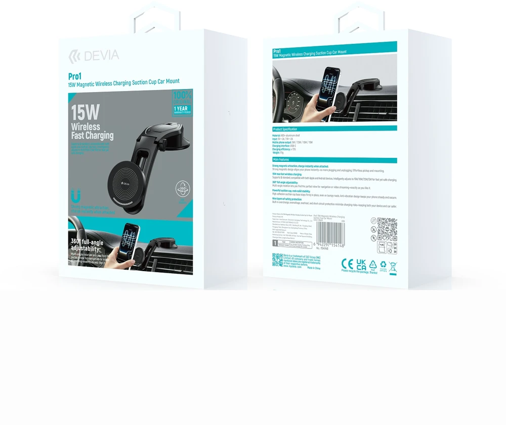Devia car holder Pro1 X15 with wireless inductive charger Qi 15W juodas with succion cup for Magsafe