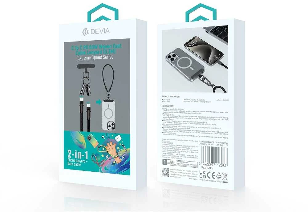 Devia kabelis lanyard 2in1 PD USB-C - USB-C 1,2 m 60W violetinės spalvos