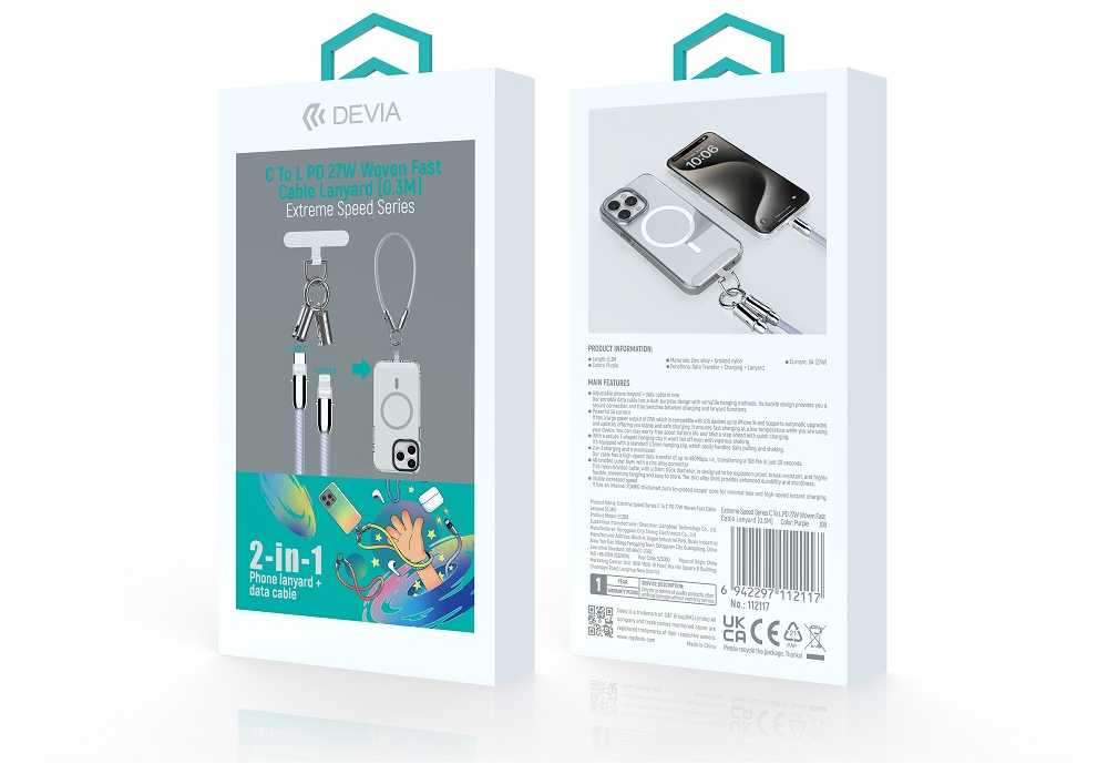 Devia laidas su dirželiu 2in1 PD USB-C – Lightning 1,2 m 27W violetinis