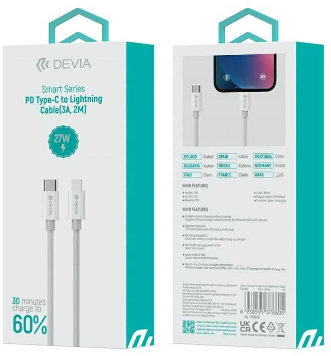 USB kabelis Devia Smart PD Type-C į Lightning 1.0m 20W 3A baltas