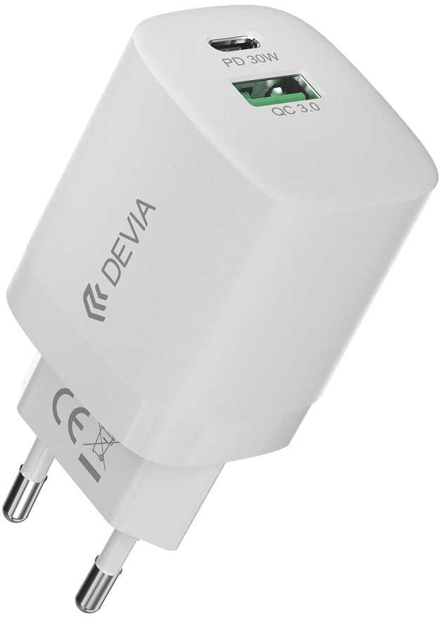 Devia sieninis įkroviklis Smart PD GaN 30W 1x USB-C 1xUSB baltas